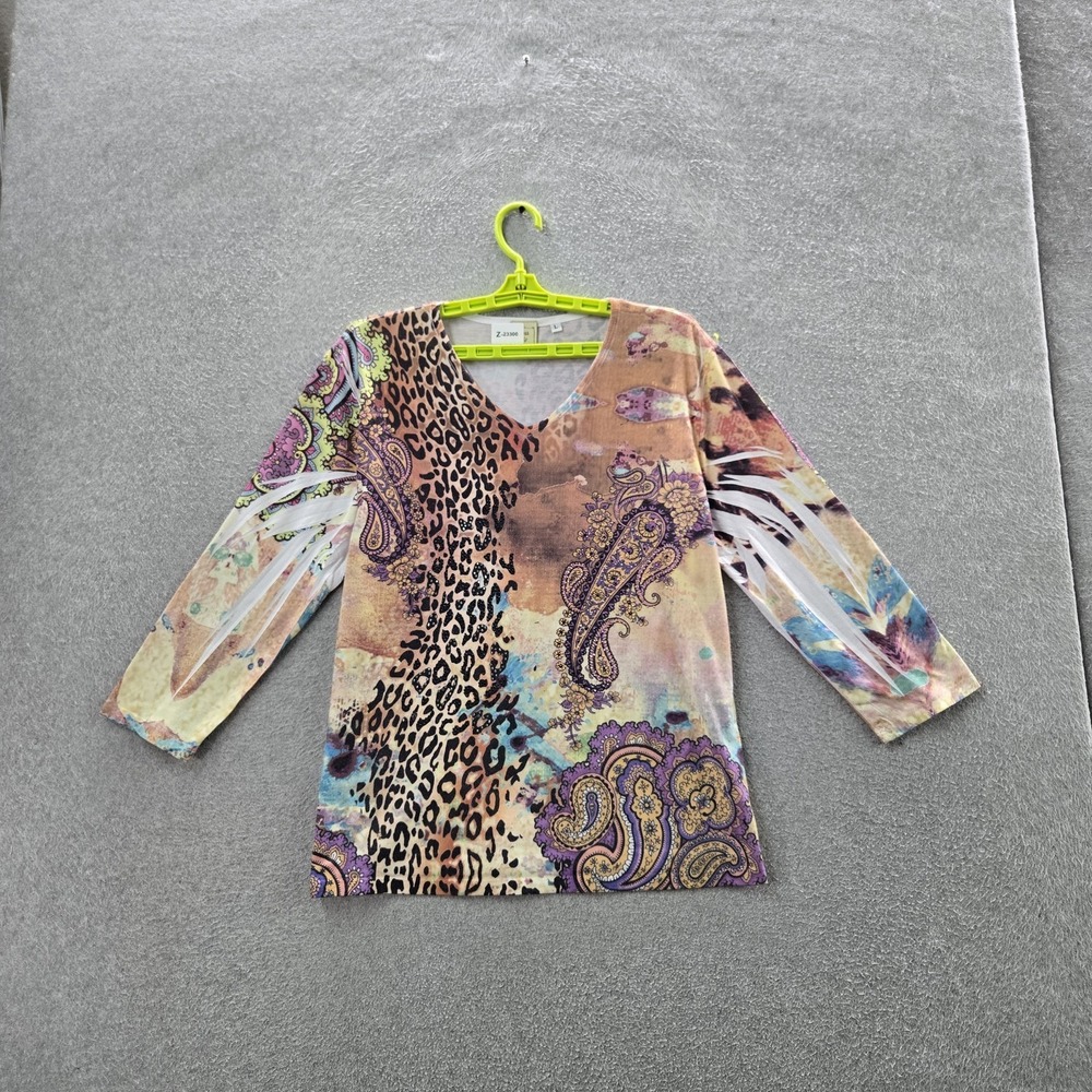 Jess & Jane Women Blouse LARGE Multicolor Animal Print Cheetah Land Beaded